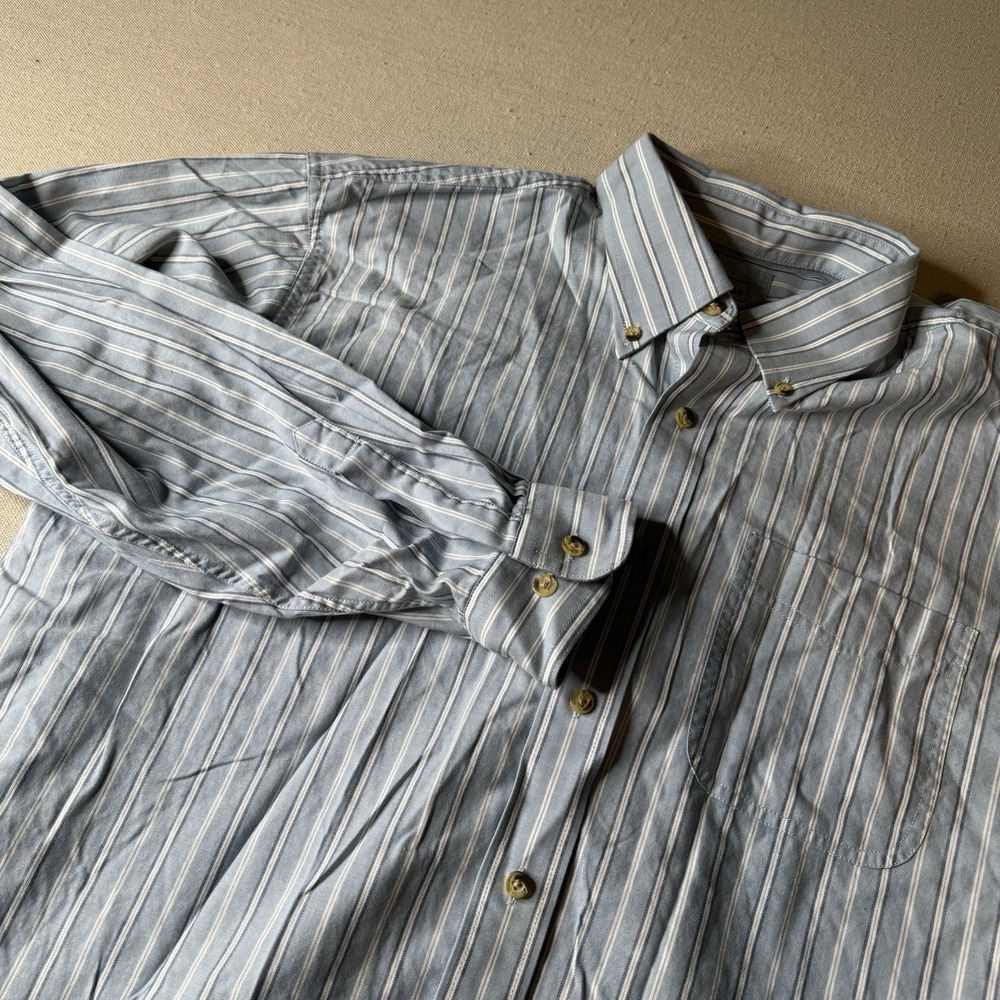 LL Bean Men's Button Up Shirt Long Sleeve Blue White Stripe 100%‎ Cotton Size L